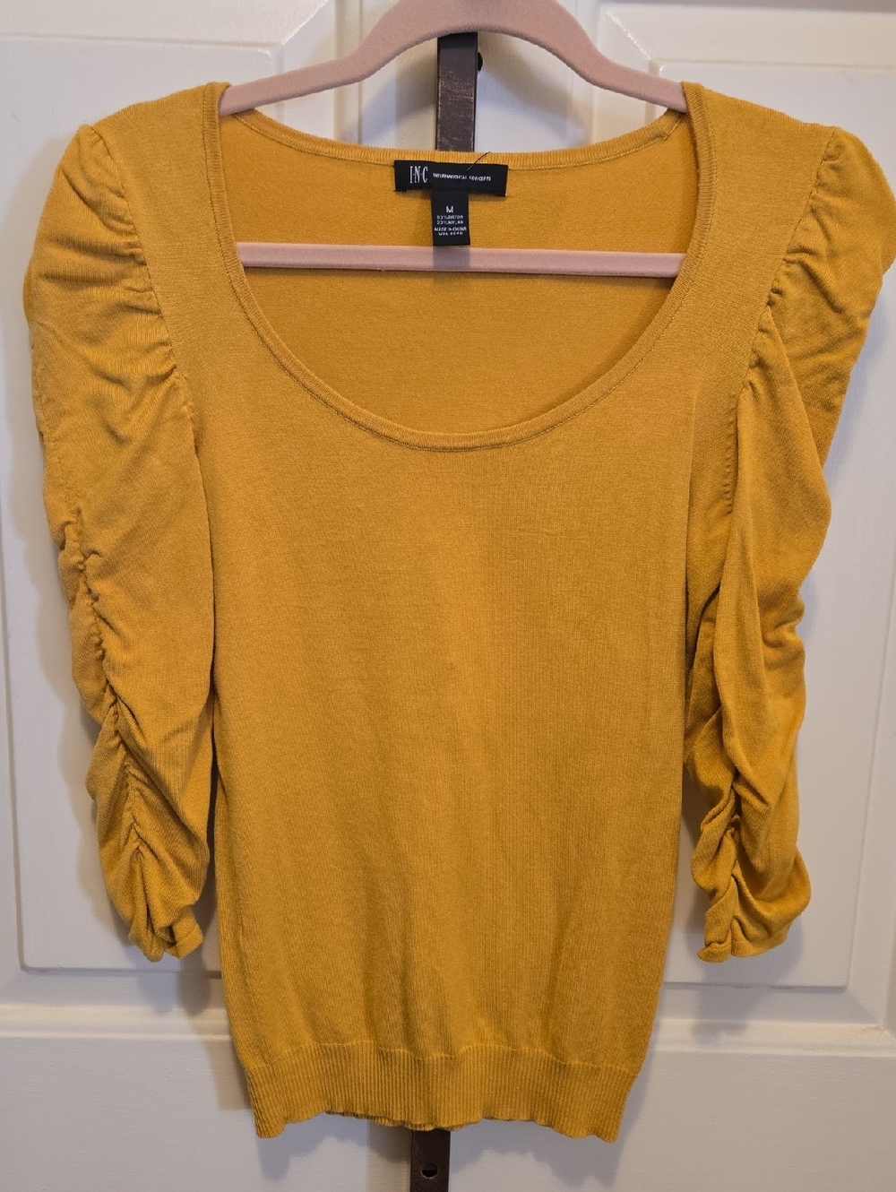 INC International Concepts Mustard Ruched-Sleeve Top Scoop Neck Top